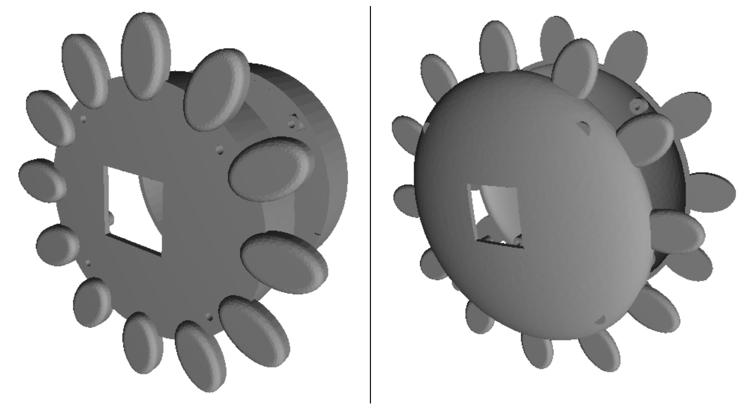 CAD-Render eines 3D-Druck-Bauteils in zwei Ansichten: ein runder Körper mit zwölf ovalen Auswölbungen rund um eine quadratische Aussparung in der Mitte