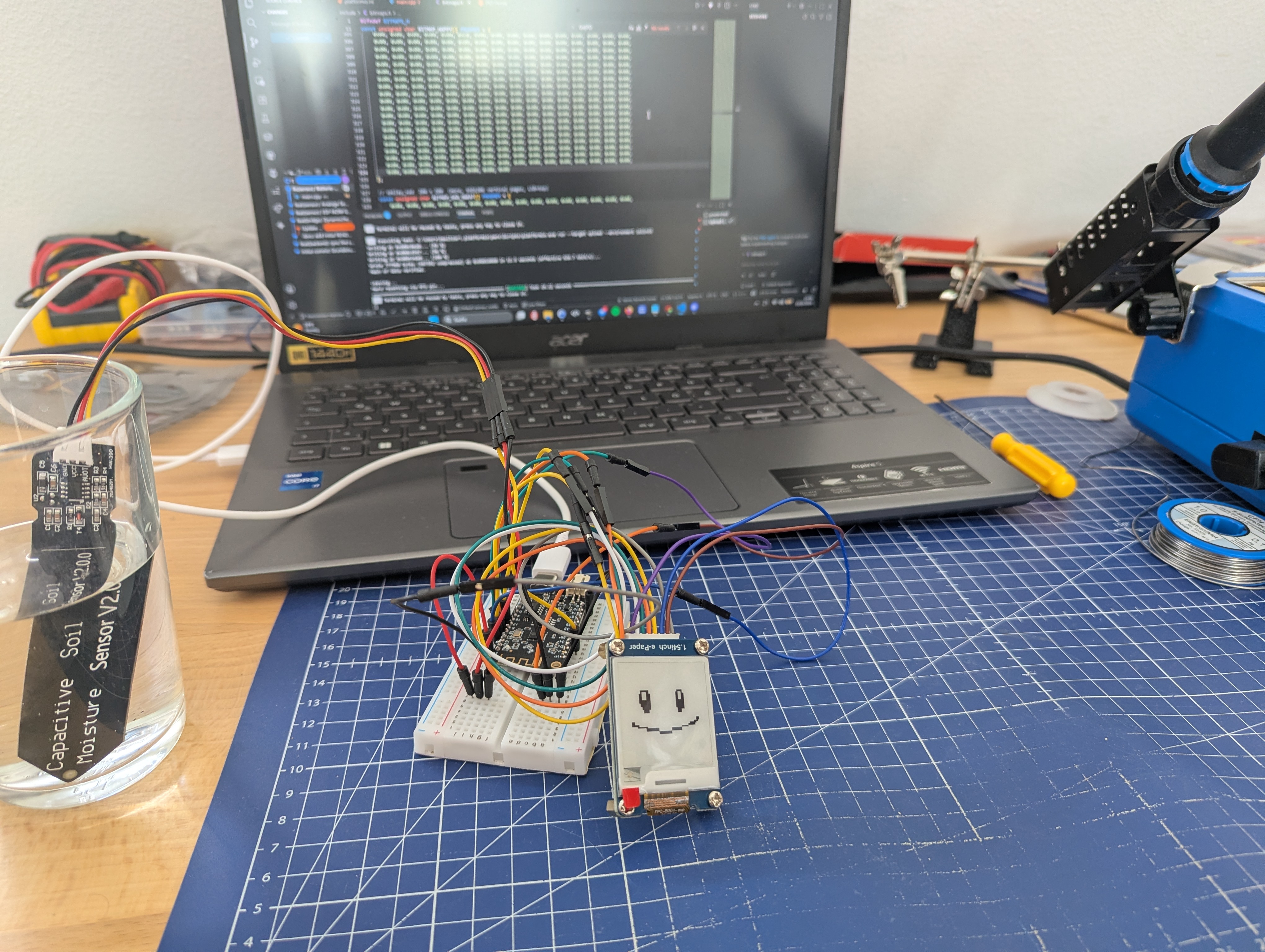Versuchsaufbau Plant-a-Gotchi mit Topfpflanze, Sensorik und ESP32