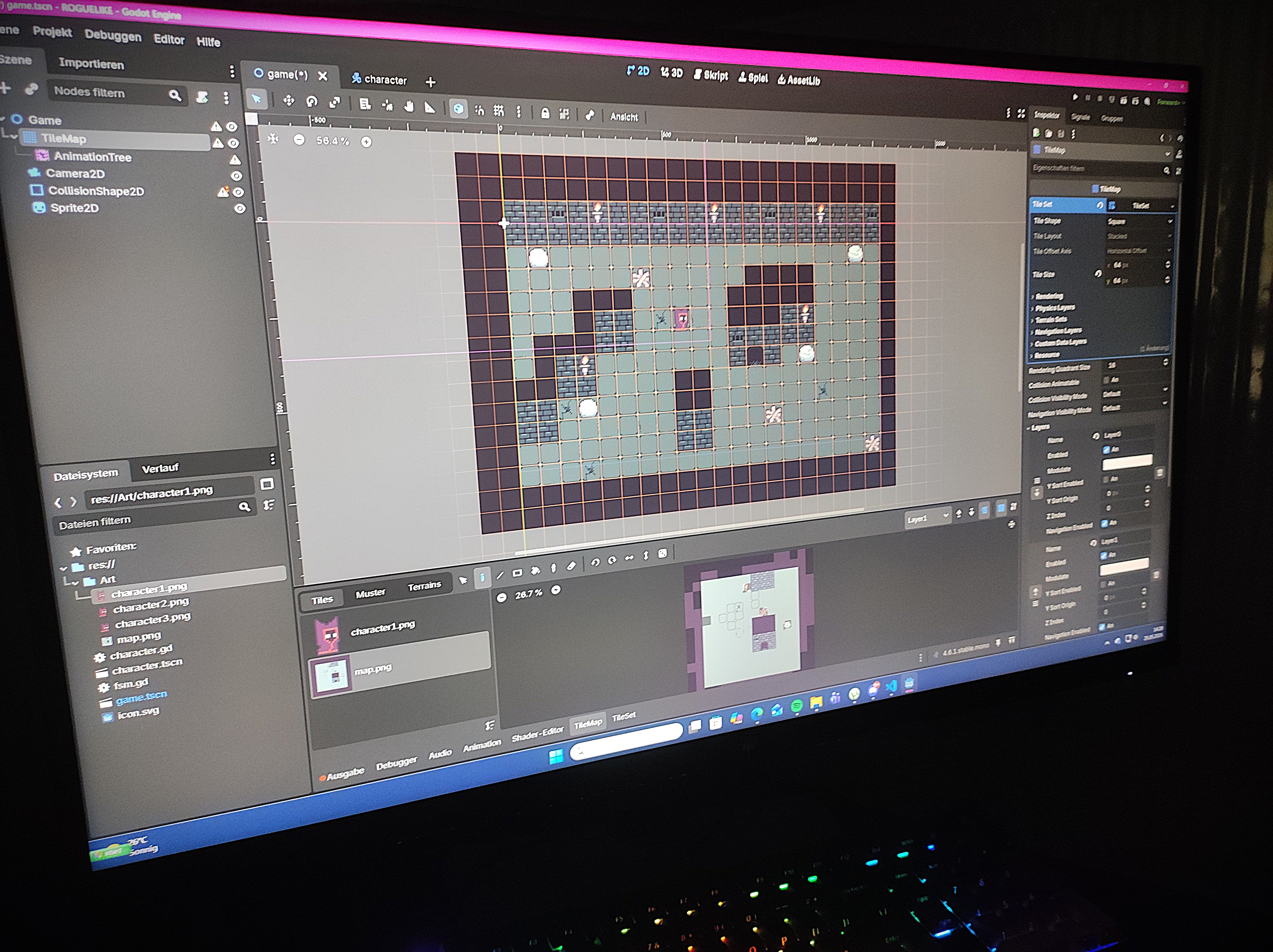 Godot-4-Editor mit einer Test-Dungeon-Map aus selbst gestalteten Pixel-Art-Tiles