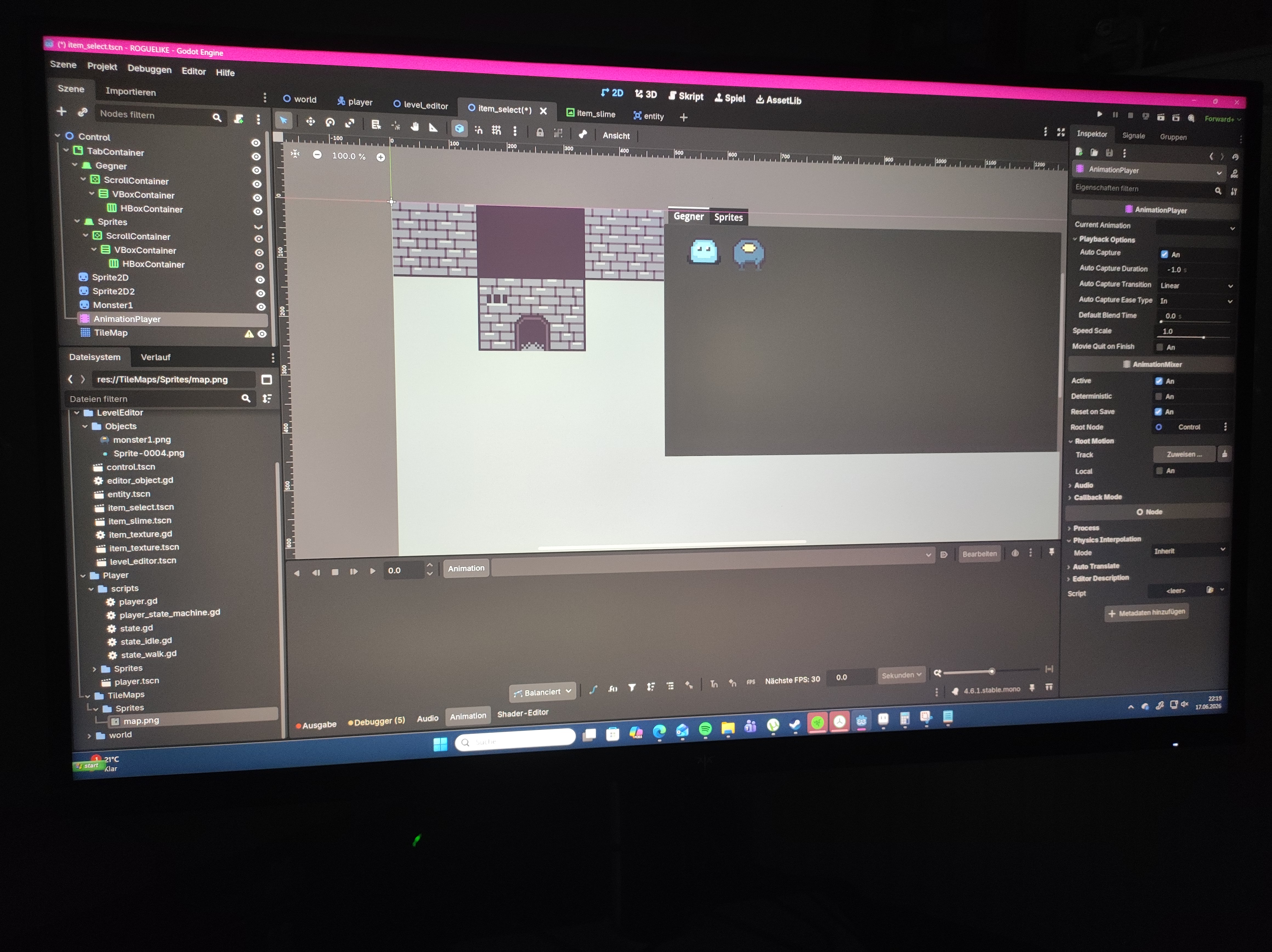 Godot-4-Editor mit der level_editor-Szene: eine Dungeon-Map aus selbst gestalteten Pixel-Art-Tiles und zwei Gegner-Sprites