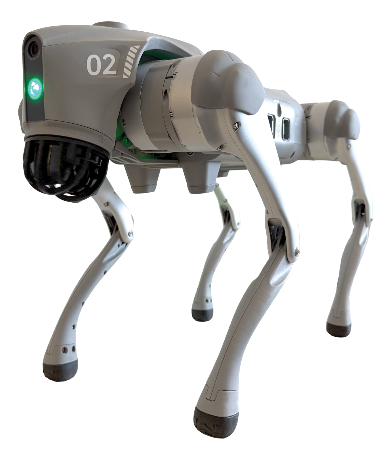 Der freigestellte vierbeinige Roboterhund Unitree Go2: hellgrauer Körper auf vier dünnen Beinen, am Kopf die schwarze Kuppel des Laser-Abtasters und ein grünes Statuslicht.