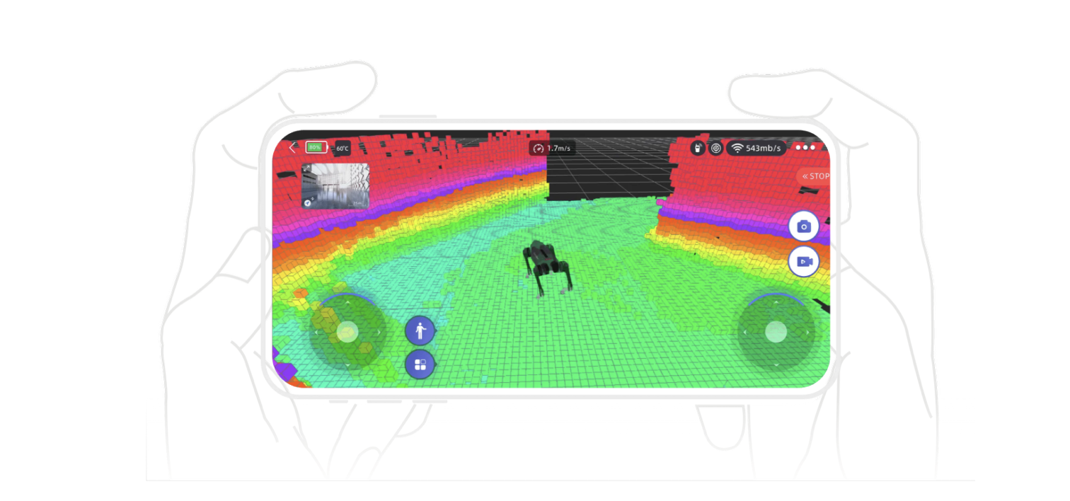 Was der Hund »sieht«: die Umgebung als farbige Abstands-Punktwolke seines LiDAR-Sensors, dargestellt in der Hersteller-App.