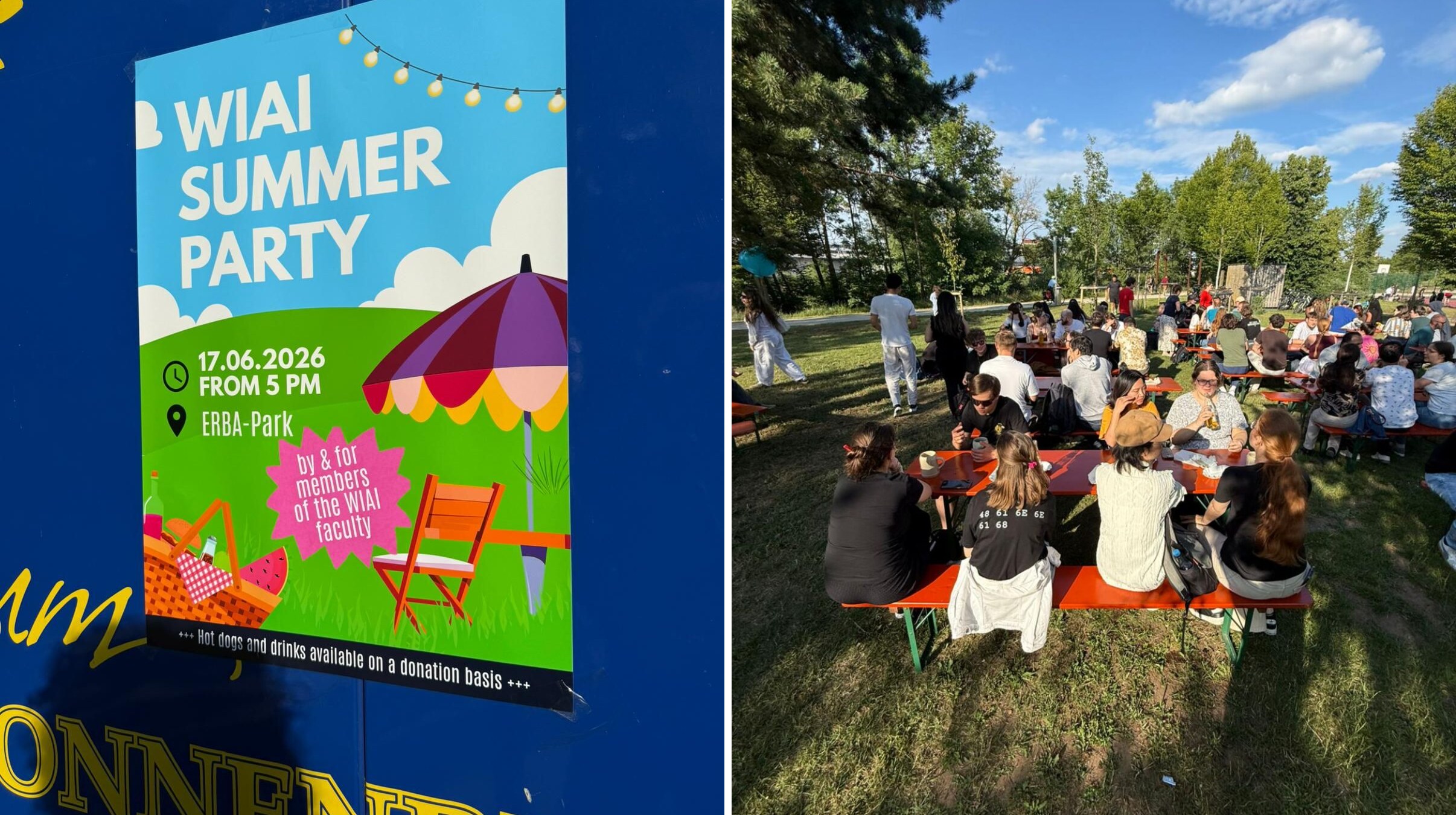 Links das Plakat der WIAI Summer Party, rechts Studierende an Biertischgarnituren beim Sommerfest auf der ERBA-Insel