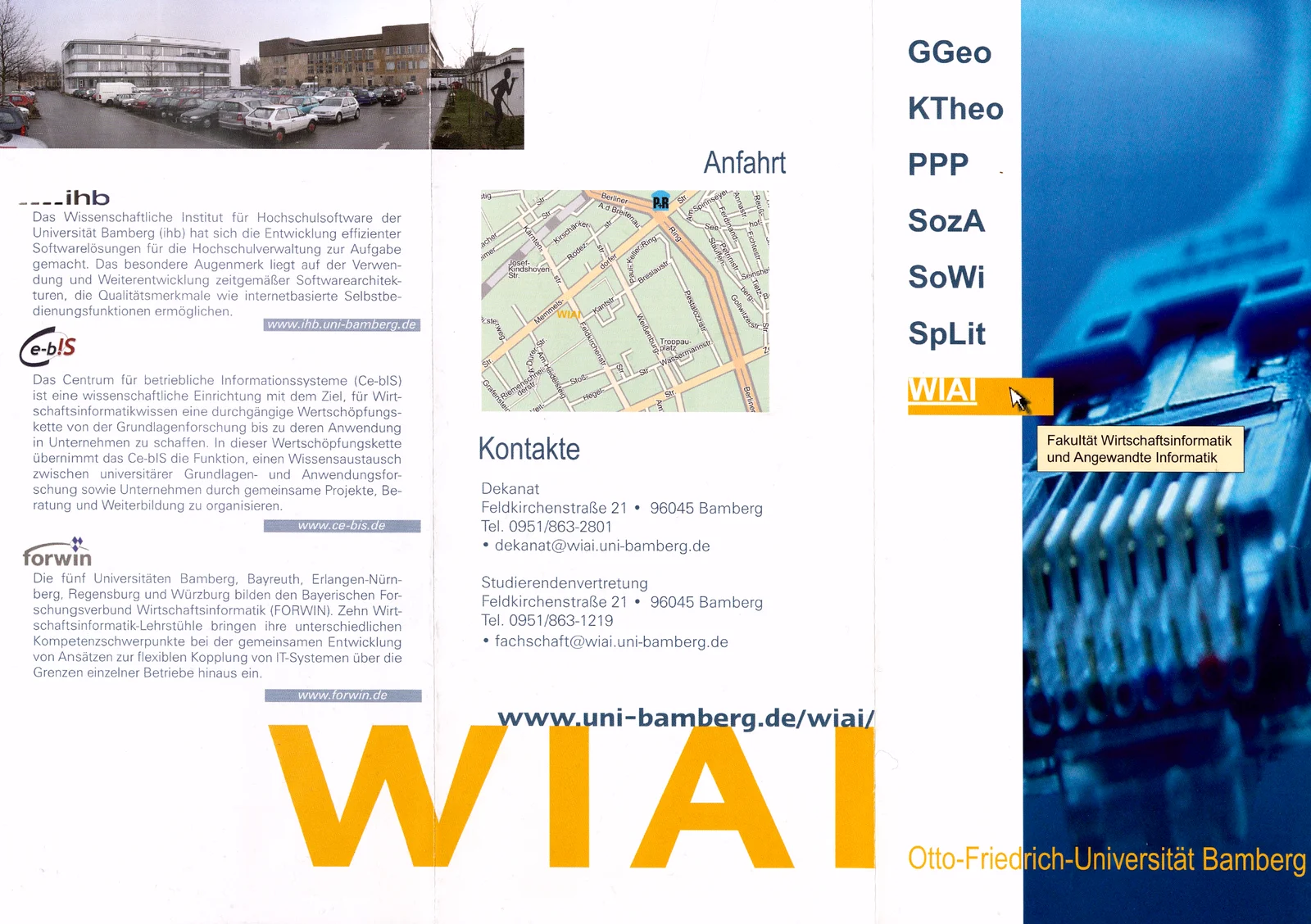 Außenseite des WIAI-Flyers von 2003 mit Titelblatt, Anfahrtsskizze, Kontakten und Projektbeschreibungen