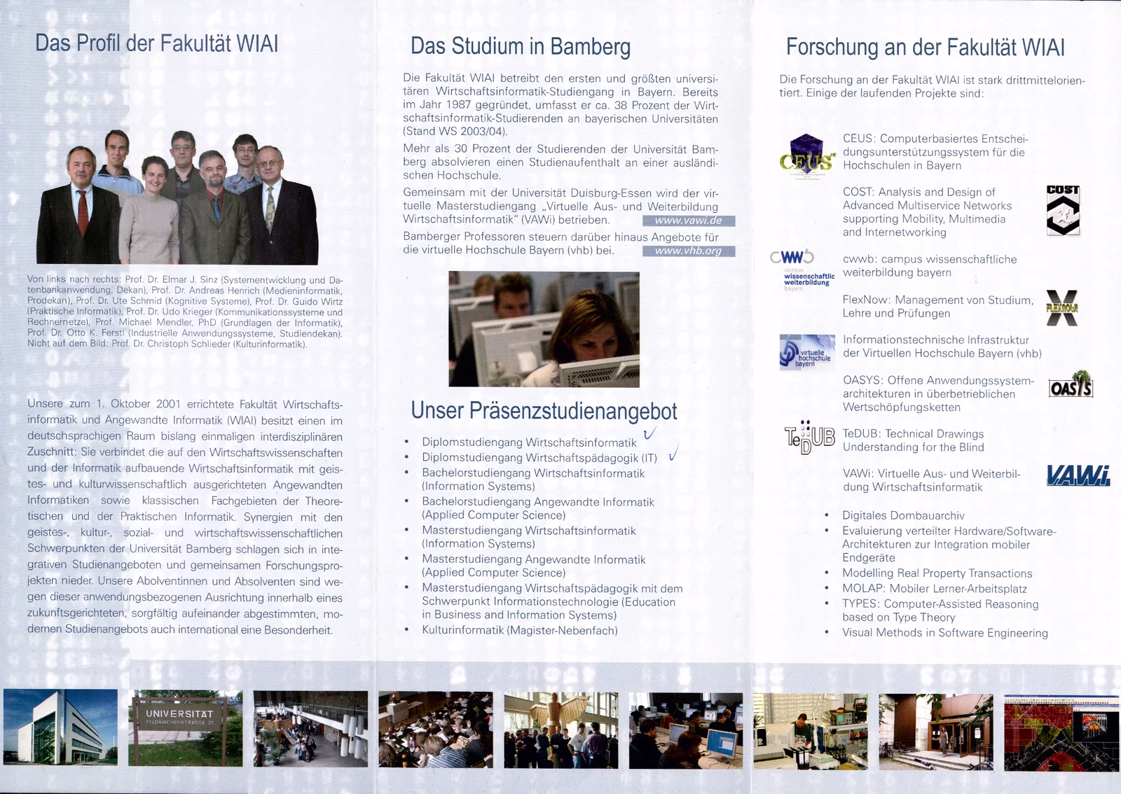 Innenseite des WIAI-Flyers von 2003 mit Gruppenbild der Professorenschaft, Studienangebot und Forschungsprojekten