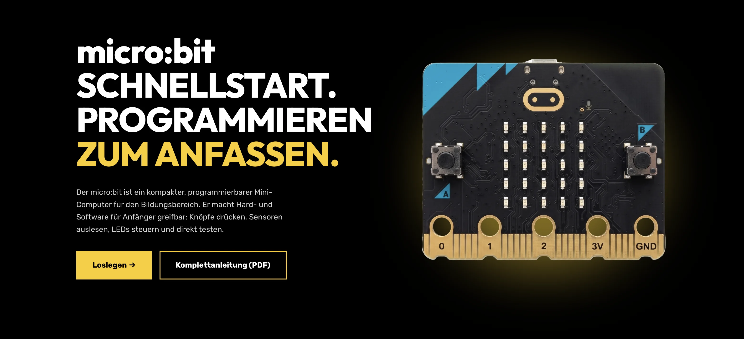 Dunkle Startseite des micro:bit-Tutorials mit der Schlagzeile „Schnellstart. Programmieren zum Anfassen.“ und einem micro:bit-Board daneben
