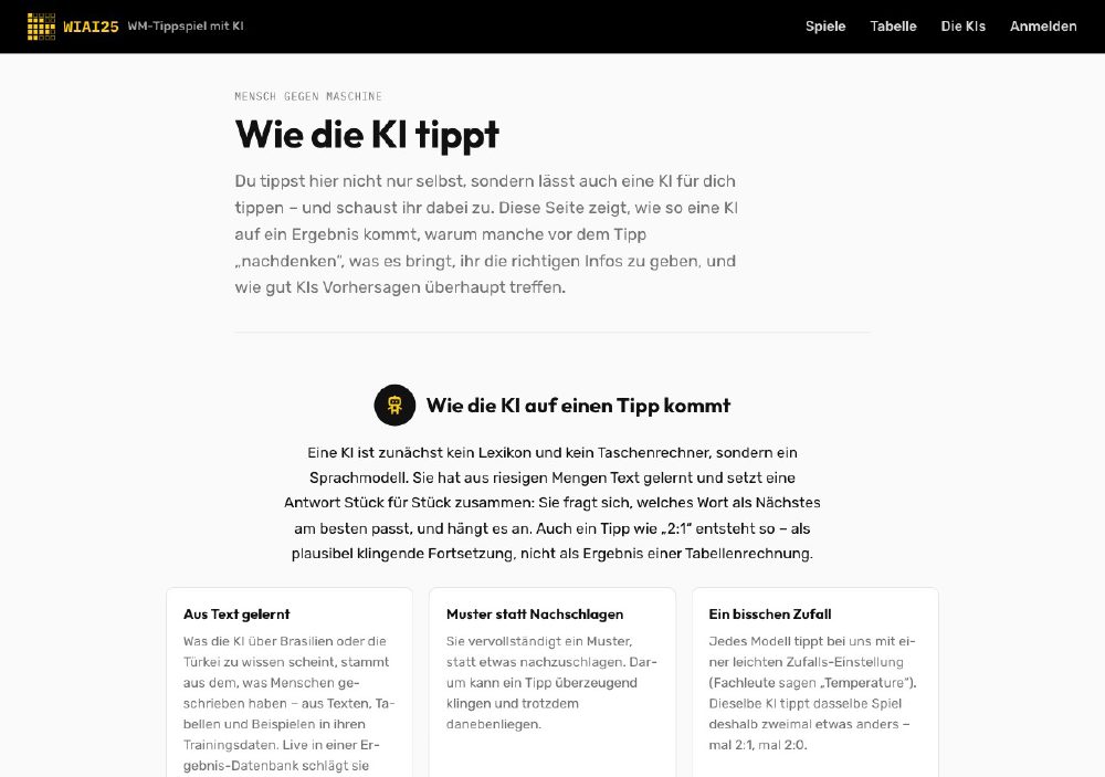 Erklärseite „Wie die KI tippt“: Überschrift und drei Kacheln „Aus Text gelernt“, „Muster statt Nachschlagen“, „Ein bisschen Zufall“.